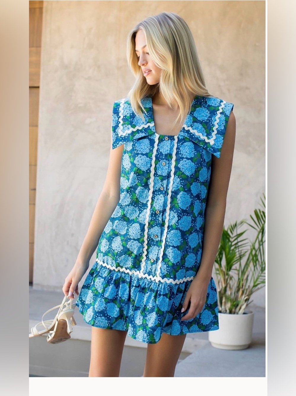 THML Azure Garden Party Blue Floral Button-Front Sundress Sailor Collar NWT XS